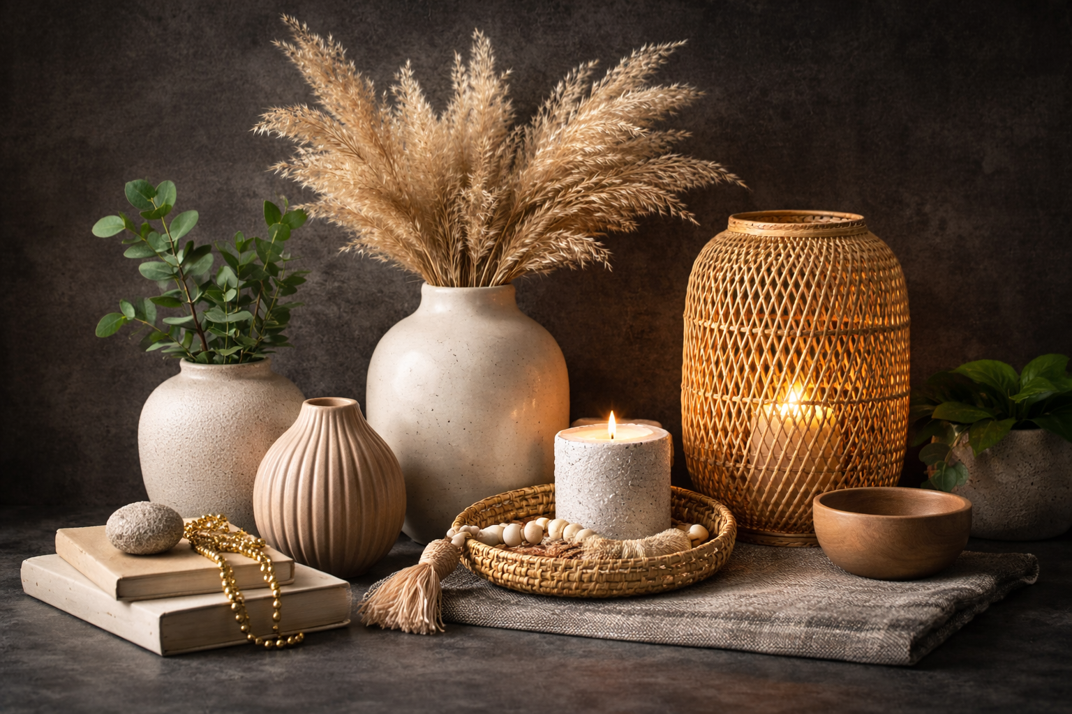 Elegant home decor items including ceramic vases, dried pampas grass, candle lantern, wooden bowl, and decorative accessories on a table.